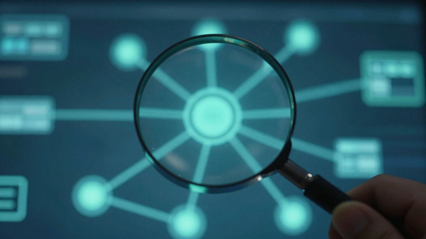 Magnifying glass over digital network for backlink analysis.