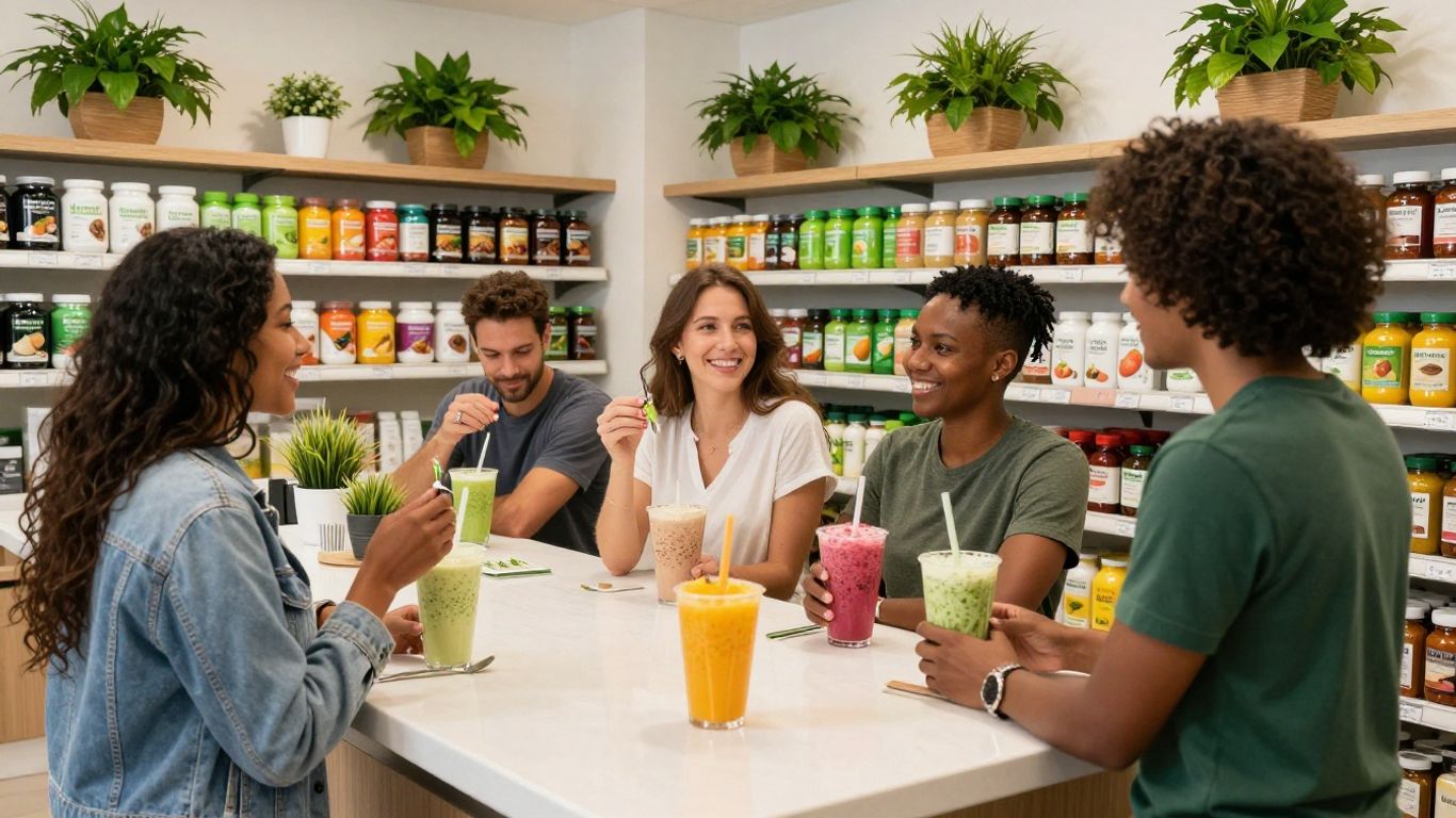 People enjoying healthy shakes in a vibrant nutrition club
