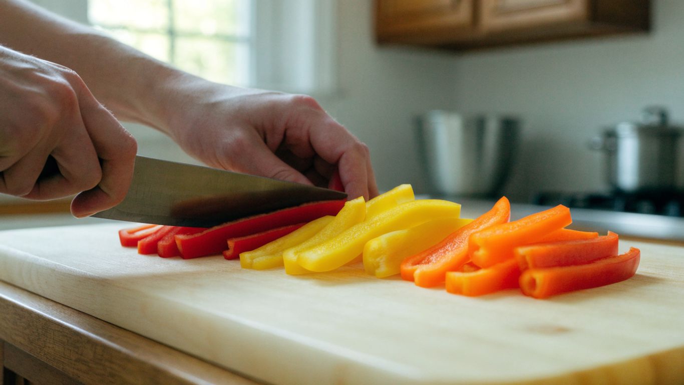 Even bell pepper strips on a cutting board