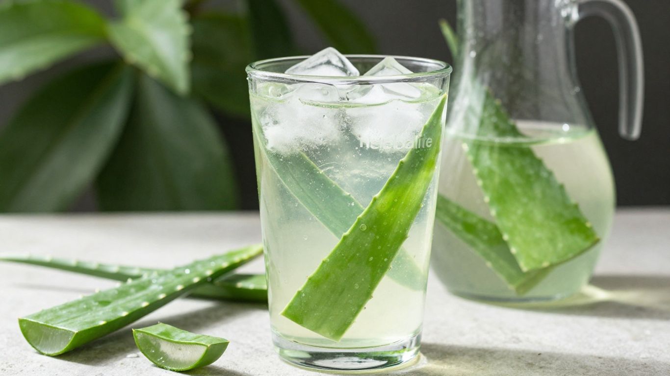 Herbalife aloe vera drink with ice and fresh leaf.