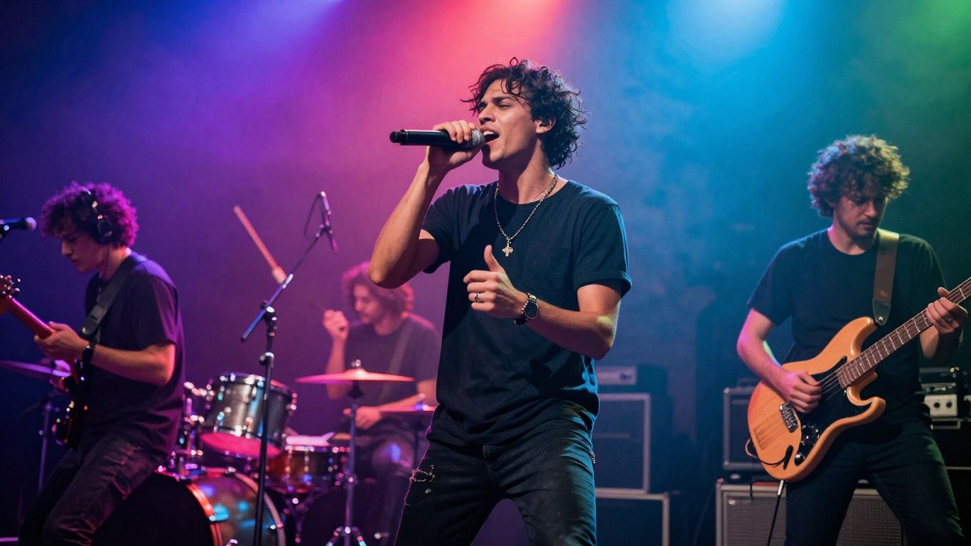 Musician performing on a colorful stage