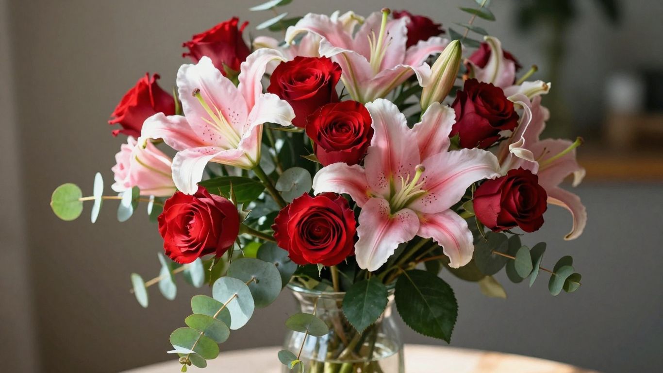 Stunning flower arrangement with roses, lilies, and eucalyptus.