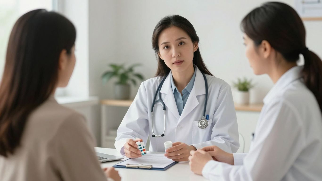 Mulher conversando com médica em consultório
