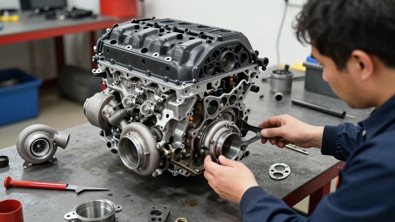 Technician inspecting Audi engine components