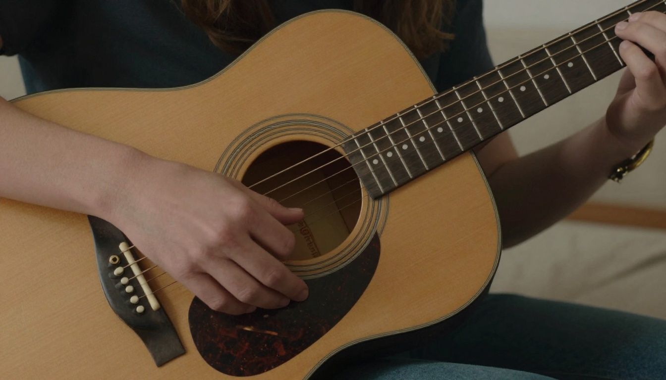 Detalhe da mão de Ellie segurando um violão, representando o custo emocional de sua jornada