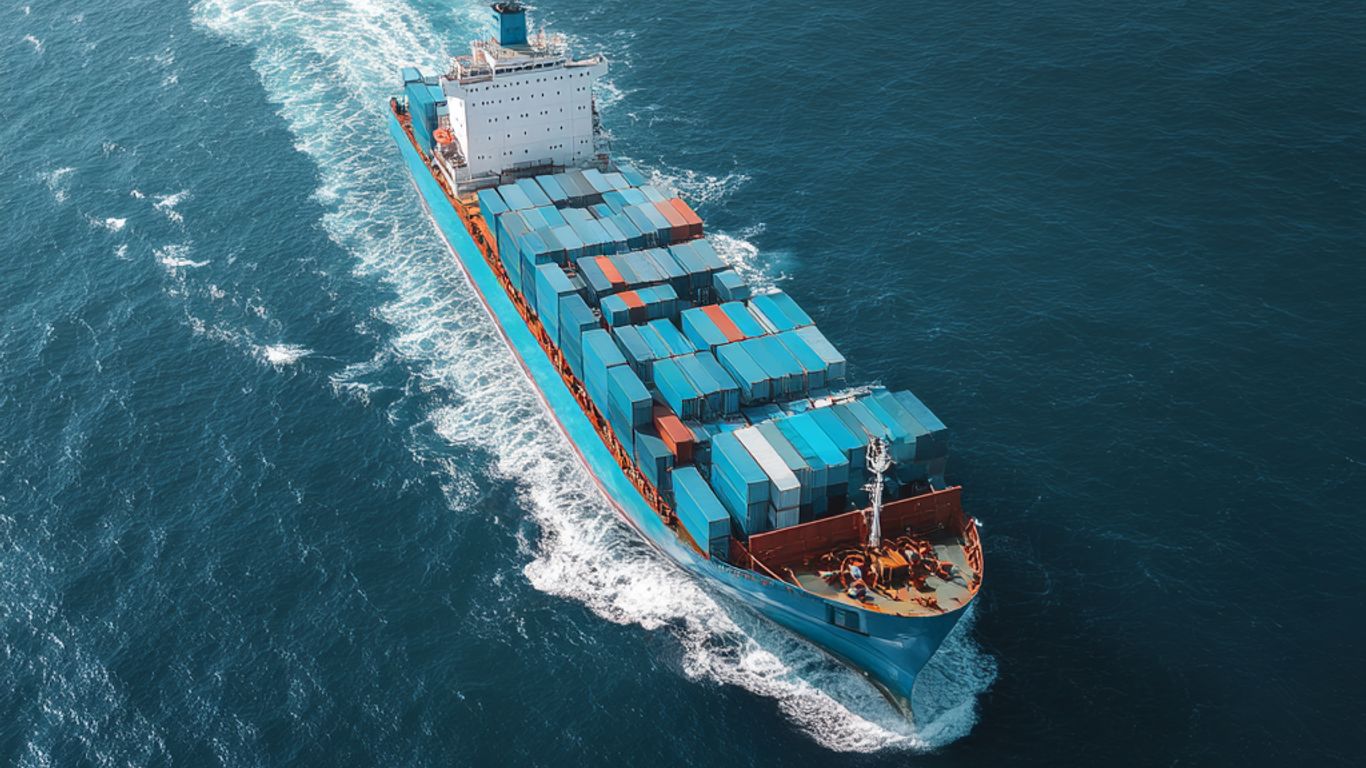 A large cargo ship carrying many containers sails through the ocean.