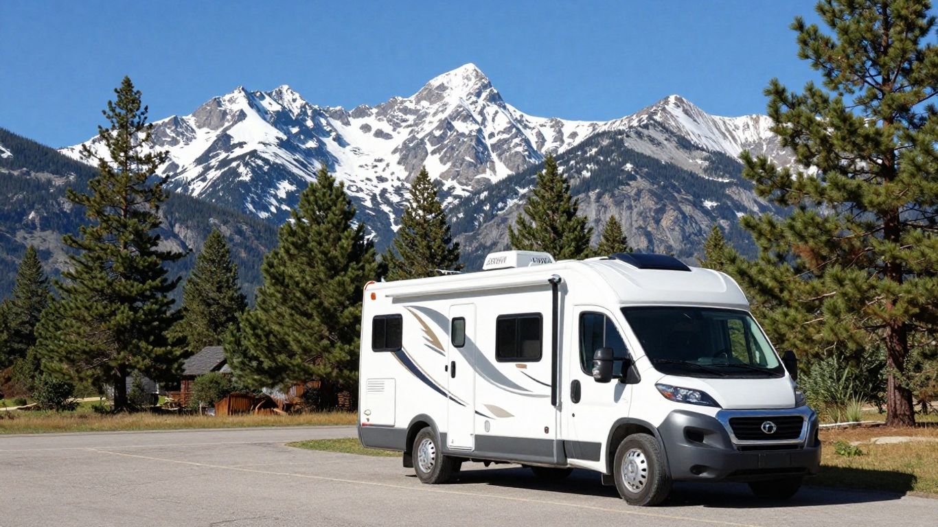 RV parked with Rocky Mountains in the background.