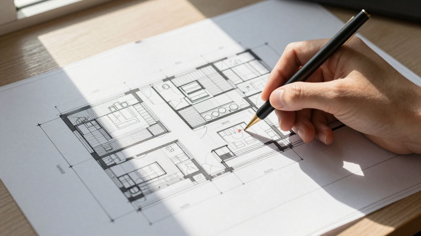 Architectural blueprint of a residential building with a hand pointing.