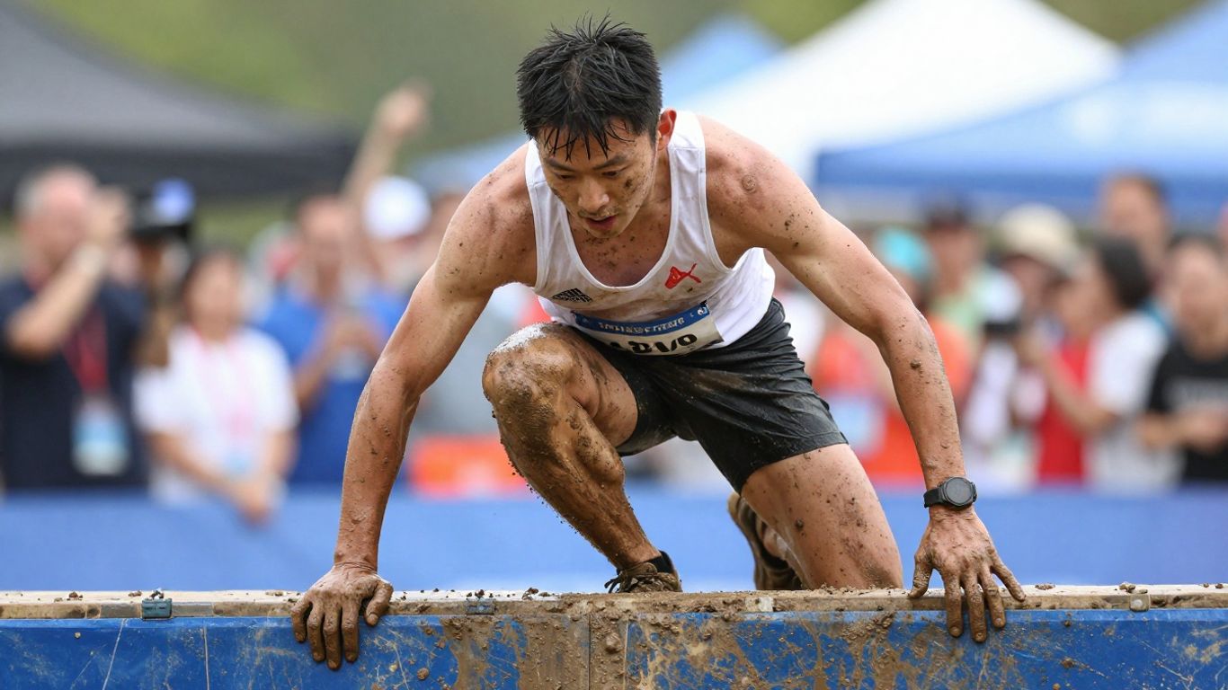 Runner overcoming an obstacle during an Army Run race.