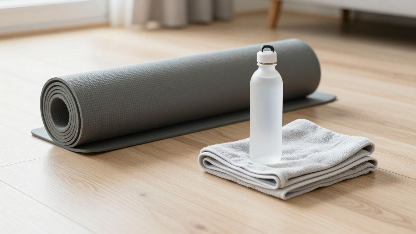 Budget yoga mat rolled beside water bottle