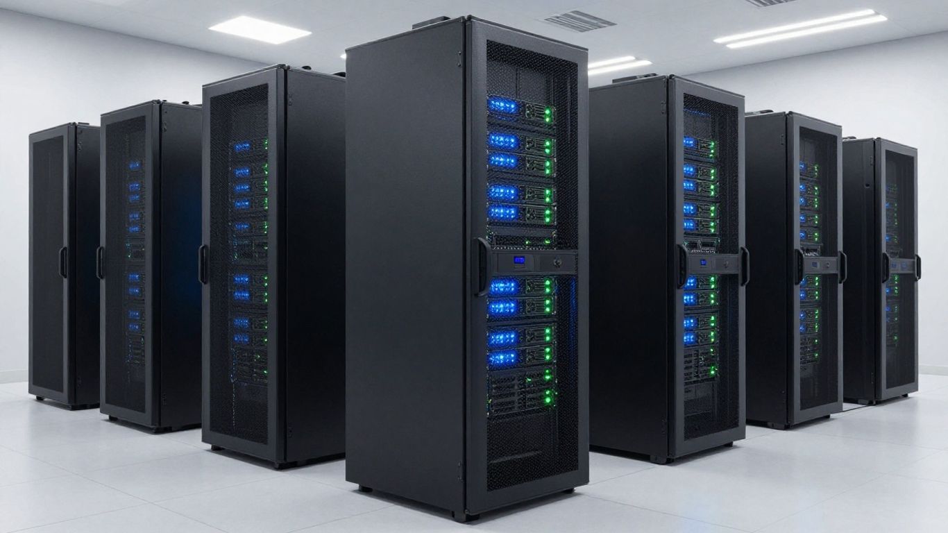 Data center server racks glowing in a quiet room