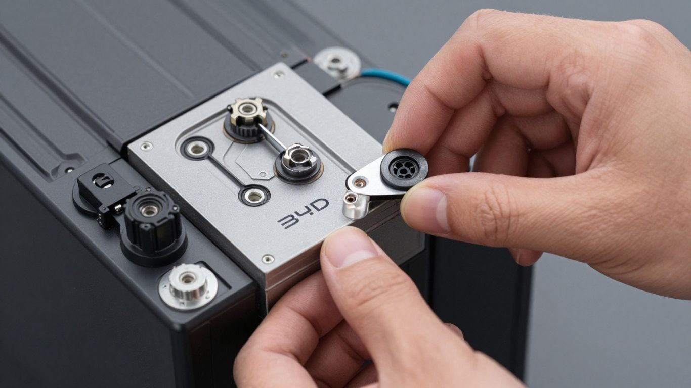 Hands inspecting a BYD electric car battery pack.