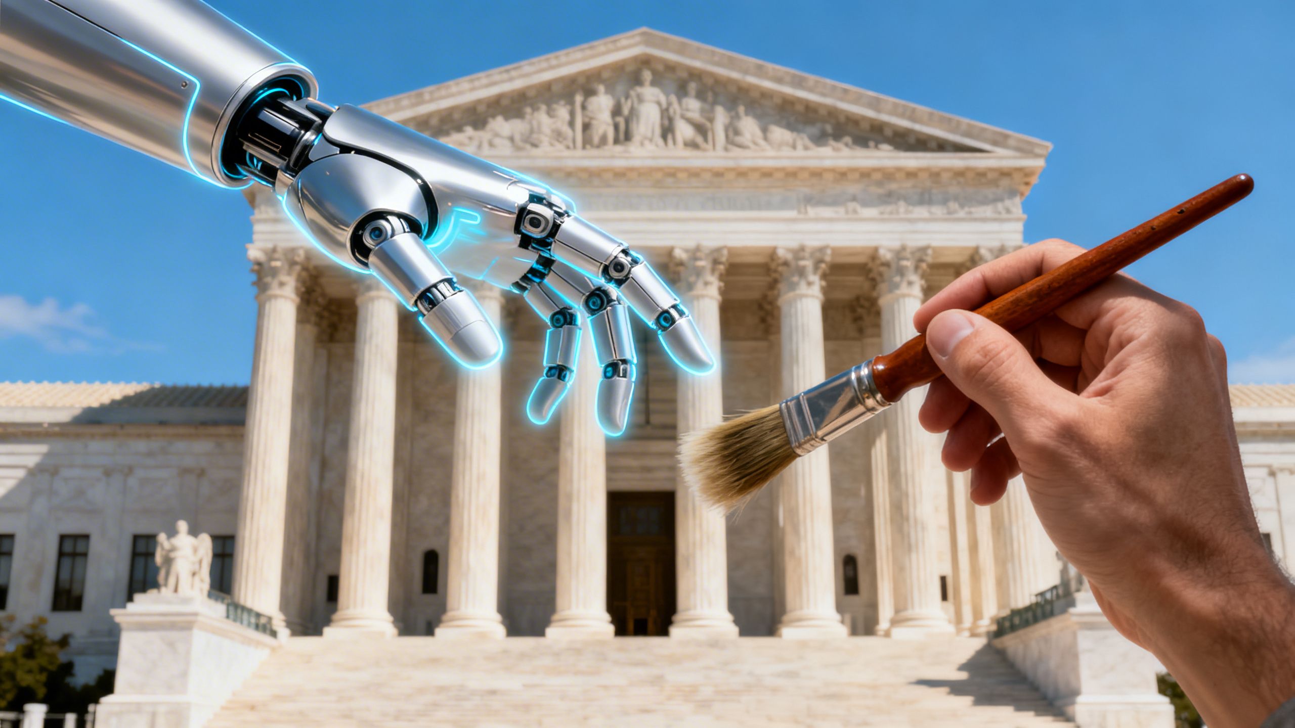 Supreme Court building with AI hand reaching for human paintbrush.