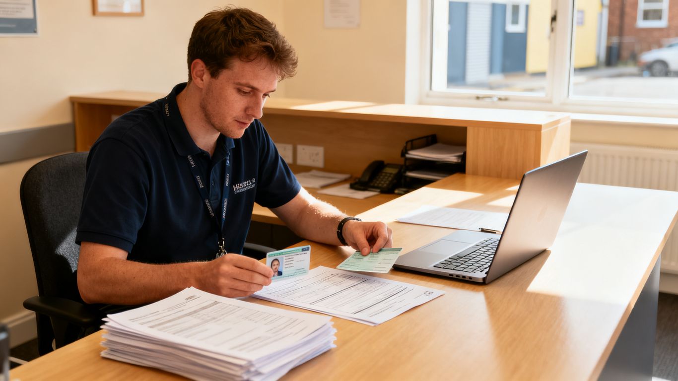 Manager reviewing candidate documents at hostel desk
