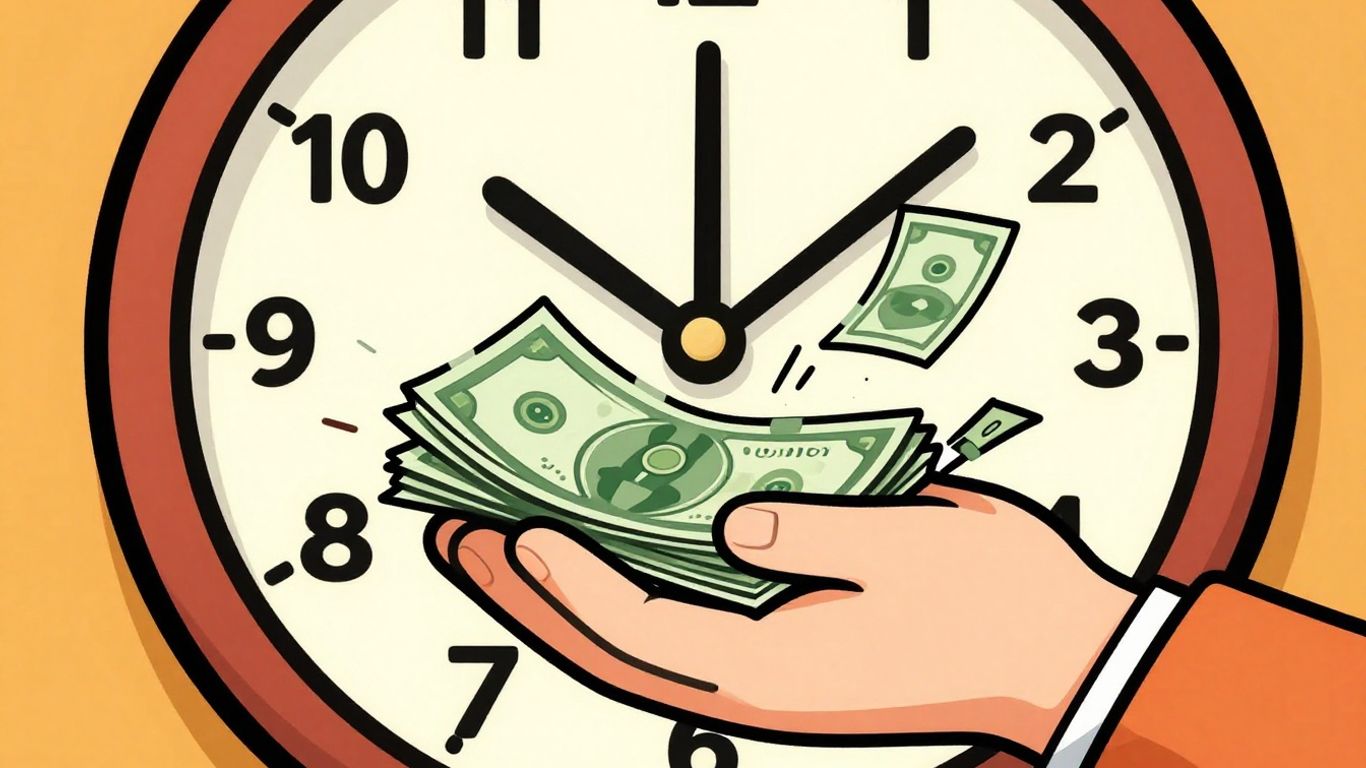 Cartoon hand holding cash with a clock.