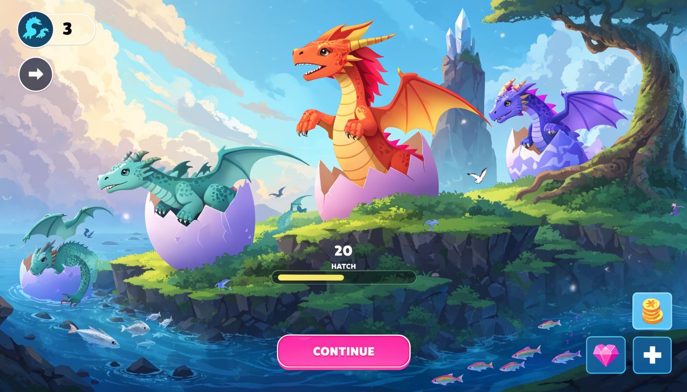 Uma coleção de dragões coloridos saindo de ovos mágicos em uma ilha fantástica, com cenário vibrante e interface de jogo mobile