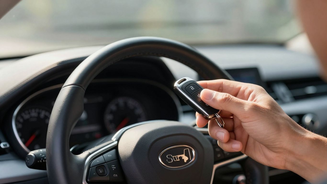 Person mit Autoschlüssel und neuem Auto