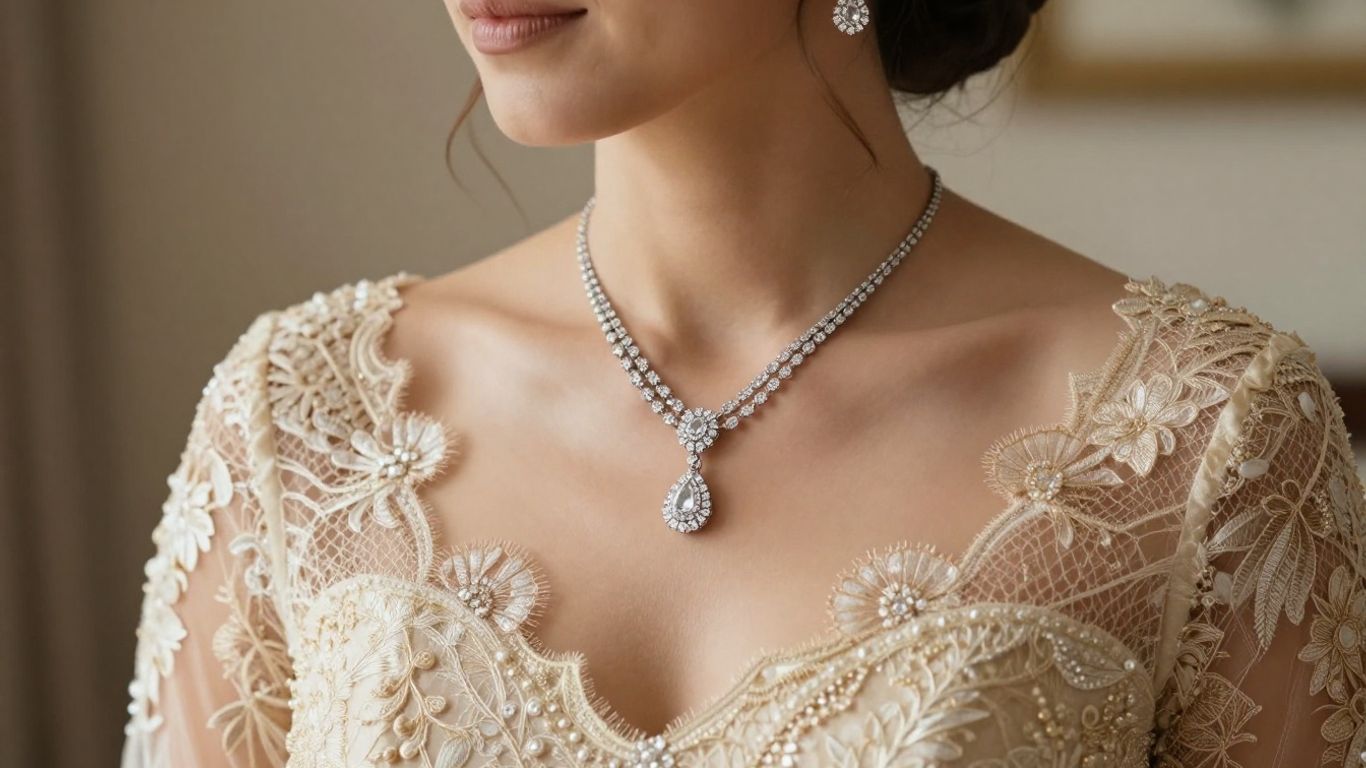 Bridal jewellery sets worn by a glowing bride