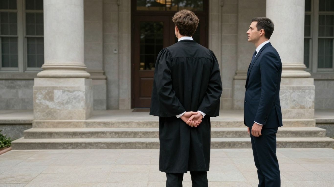 Lawyer and client at courthouse, seeking legal help.