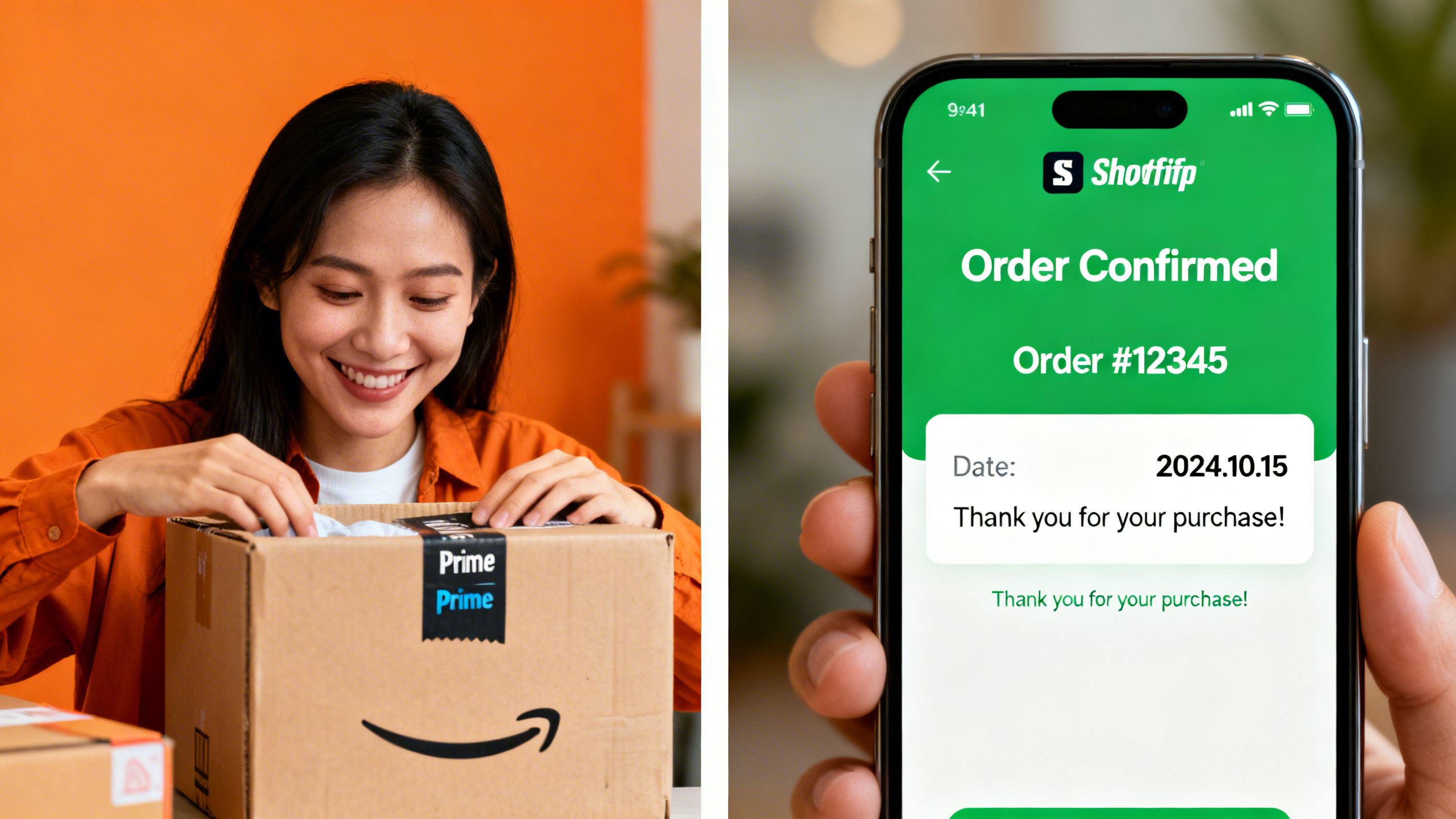 A split-screen image showing a customer happily unboxing a Prime package on one side and a Shopify order confirmation on the other, symbolizing successful multi-channel selling