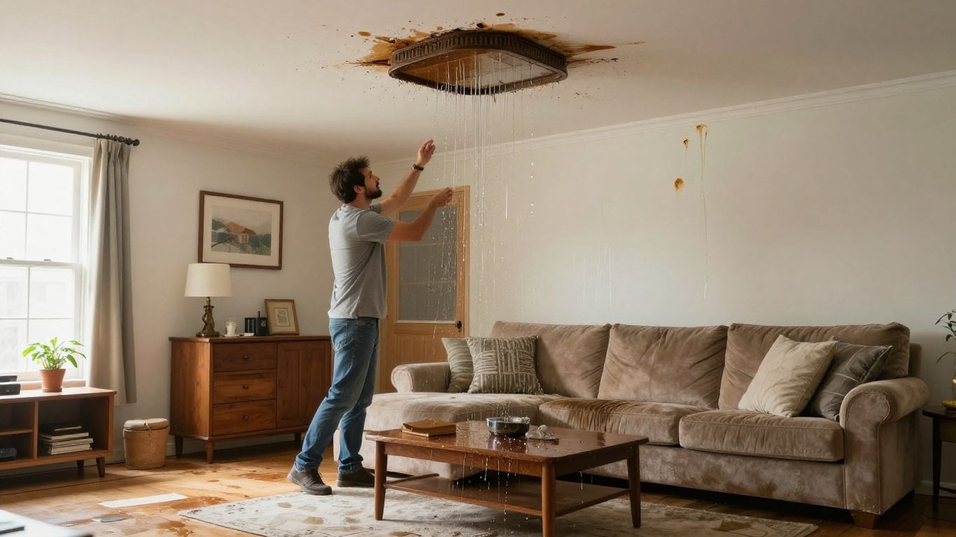 Homeowner inspecting water damage in living room.