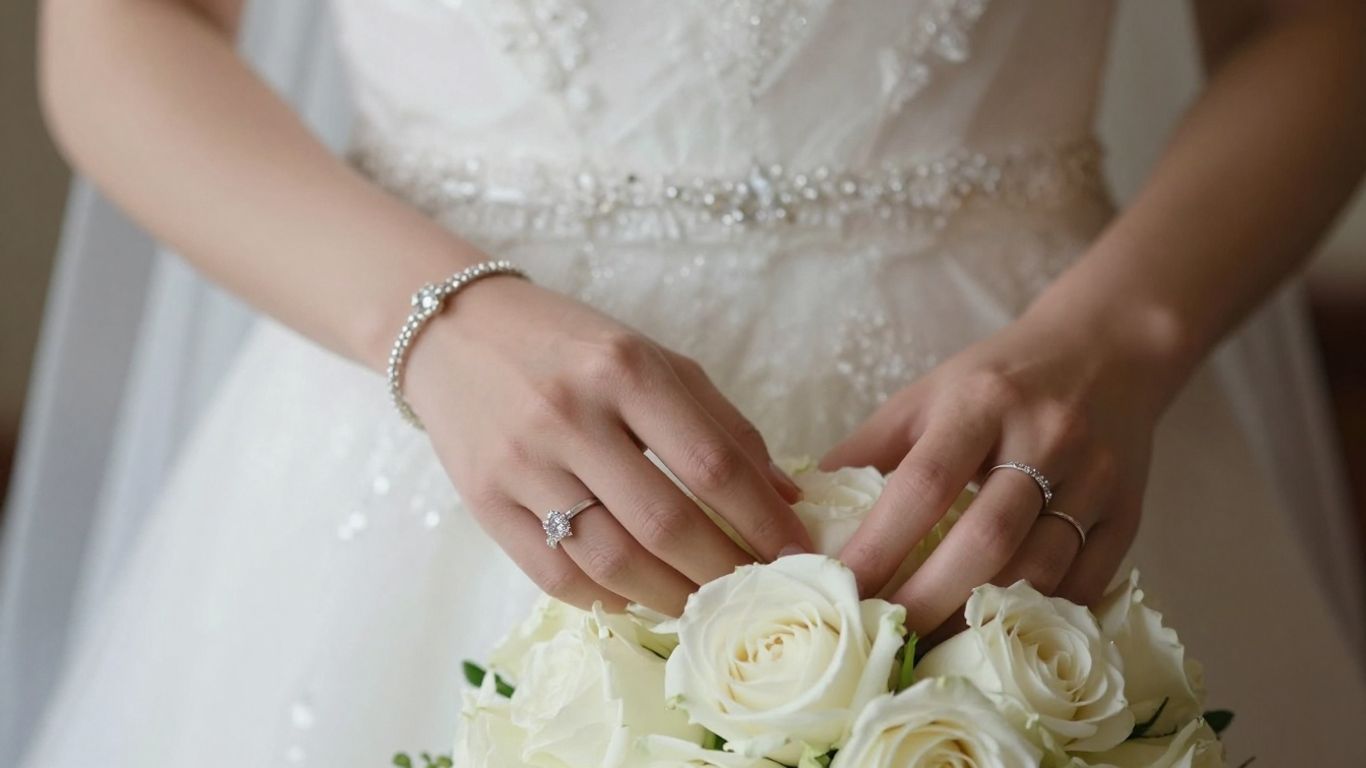 Bride's hands with wedding jewellery and flowers.