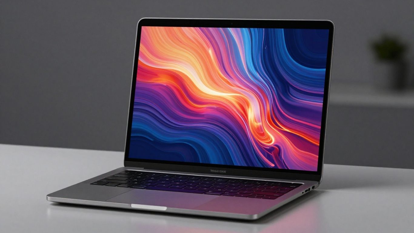 Laptop screen with abstract digital art.