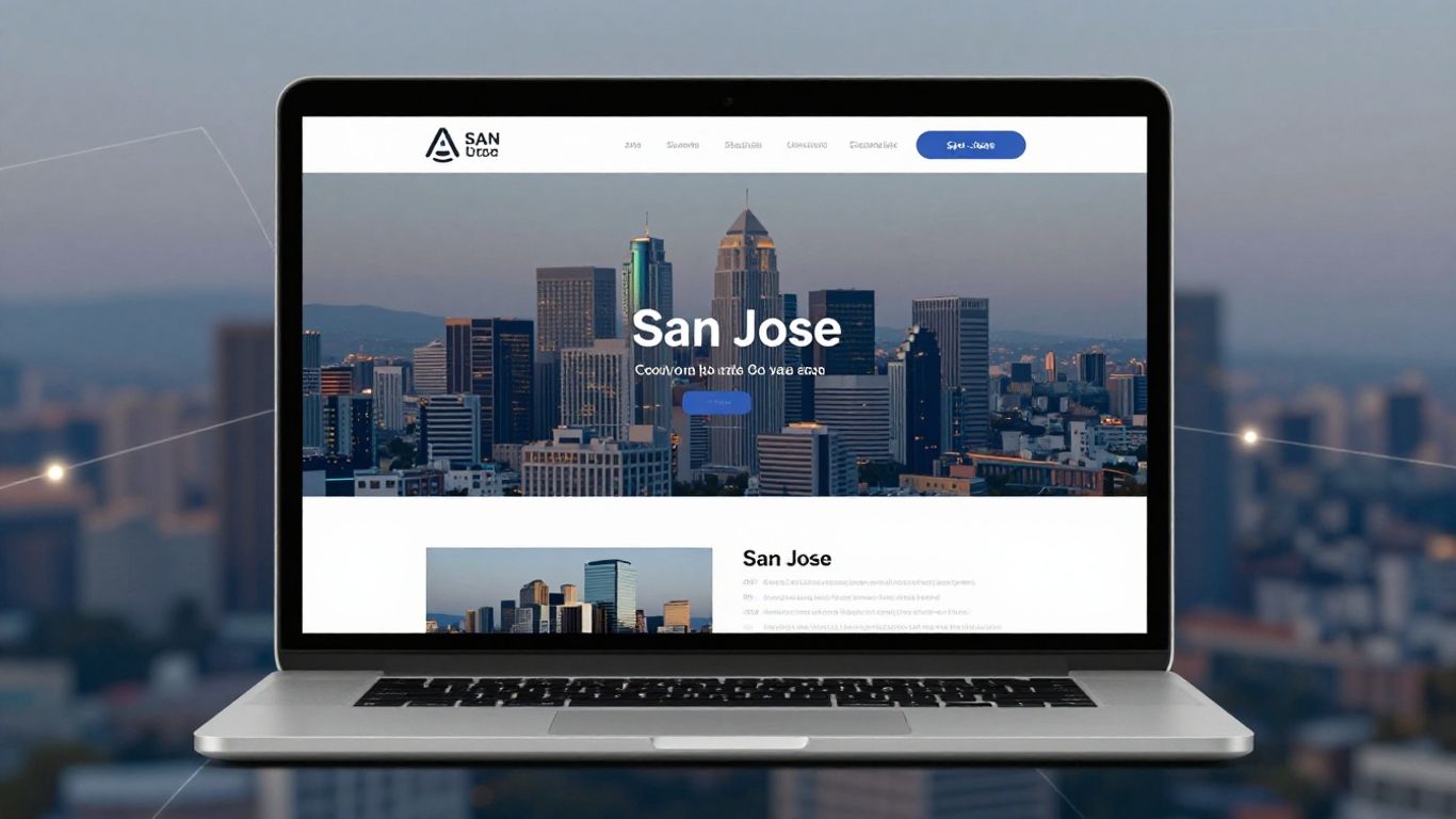 Modern website design on laptop with San Jose cityscape.