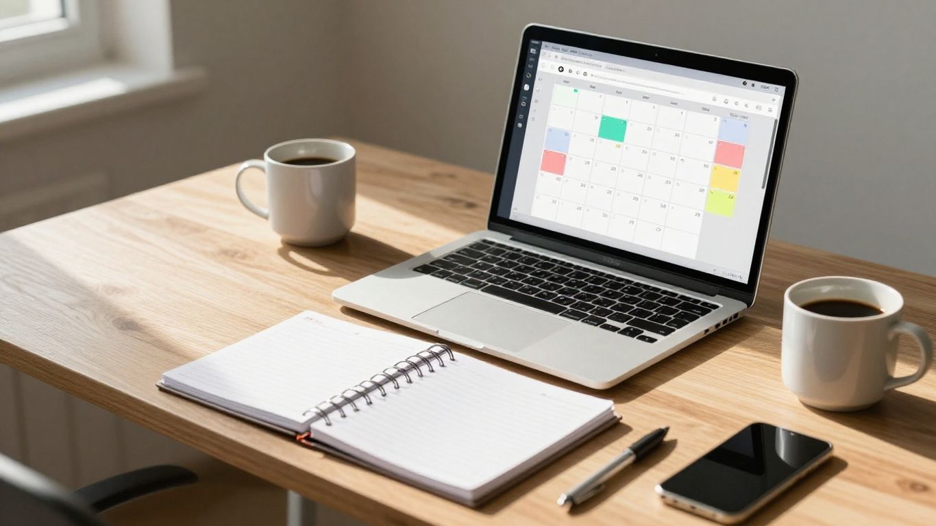 Desk with calendar time blocking interface on laptop.