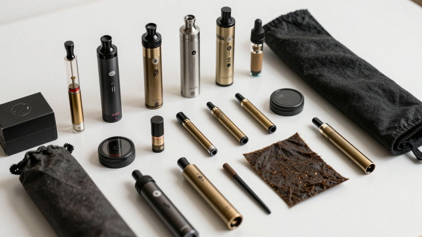 Cannabis vape cartridges and blunt wraps displayed.