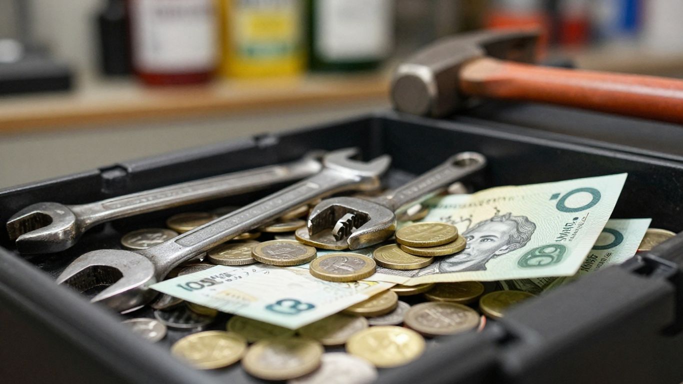 Australian dollars spilling from a tradie's toolbox.