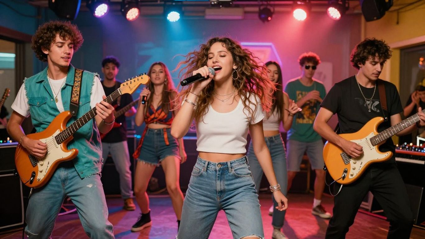 Music video scene with performers and bright lights.