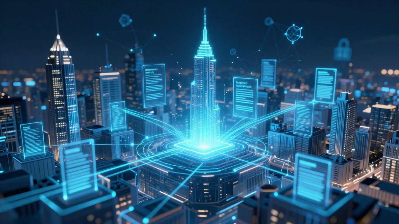 Blockchain network connecting insurance documents and ledgers.