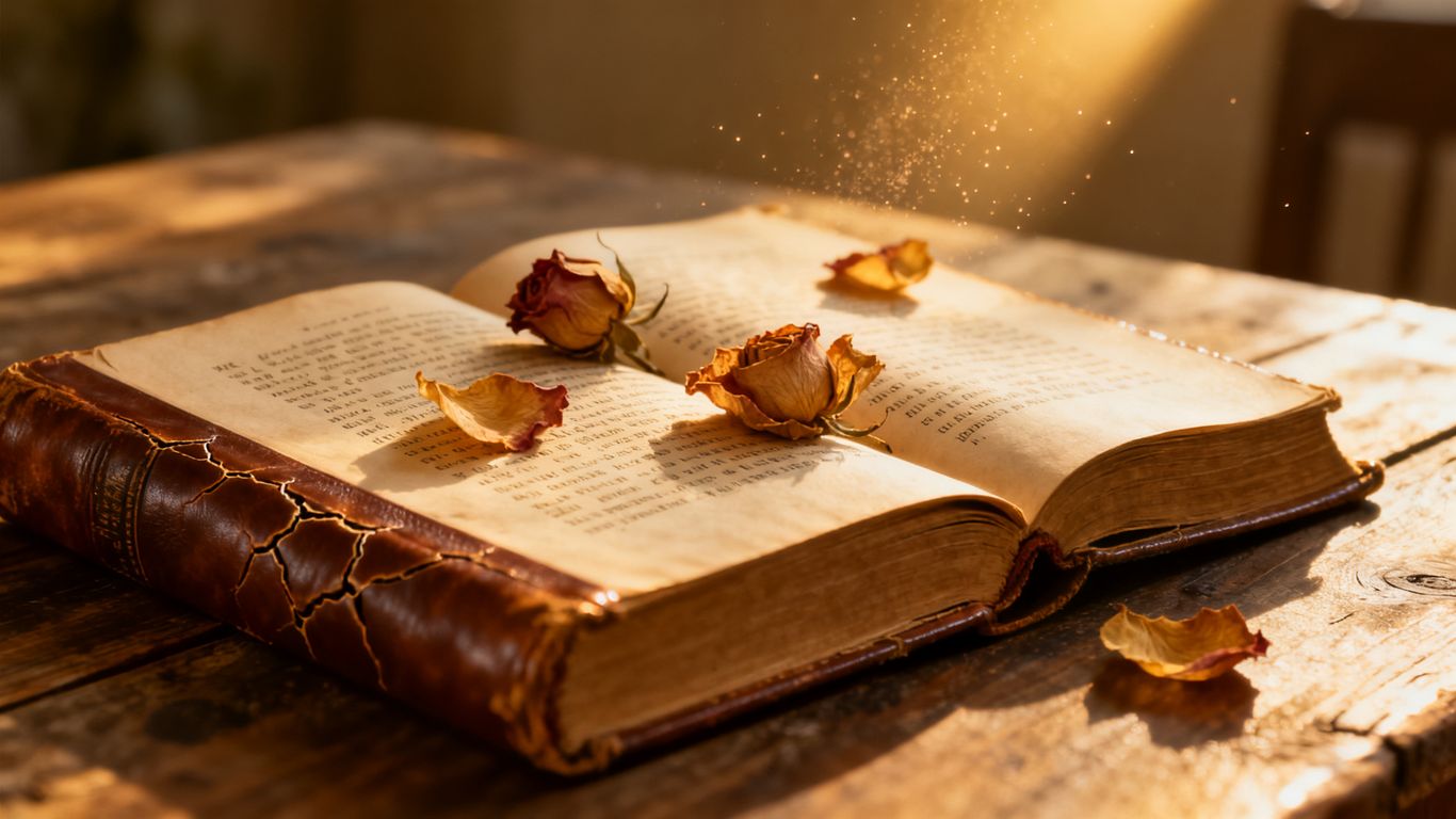Open classic romance novel with rose petals.
