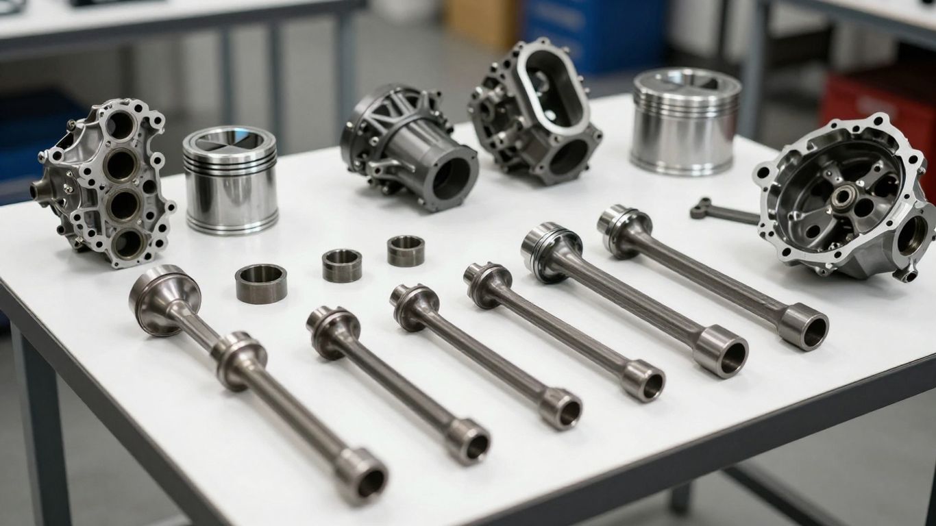 Engine block components on table