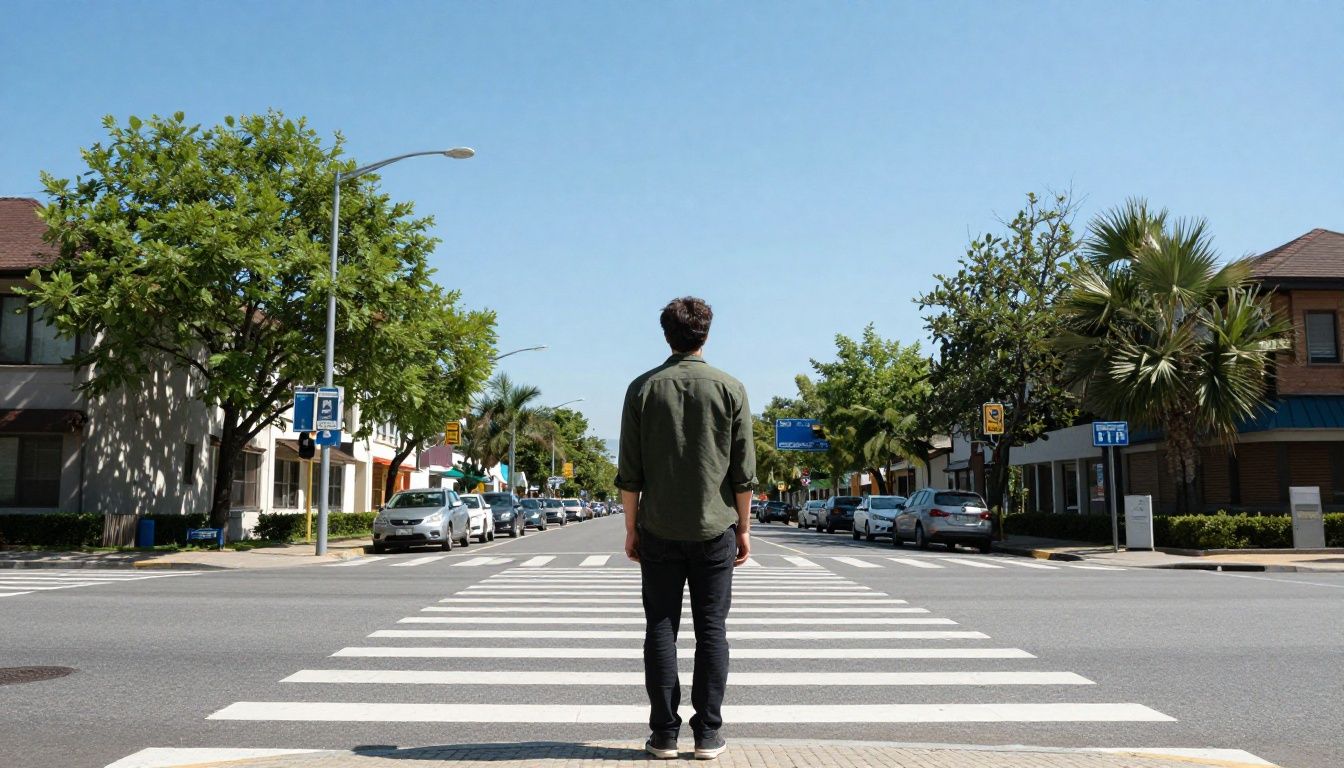 A person standing at a crossroads with multiple diverging paths, looking decisive and forward-thinking under a clear sky.
