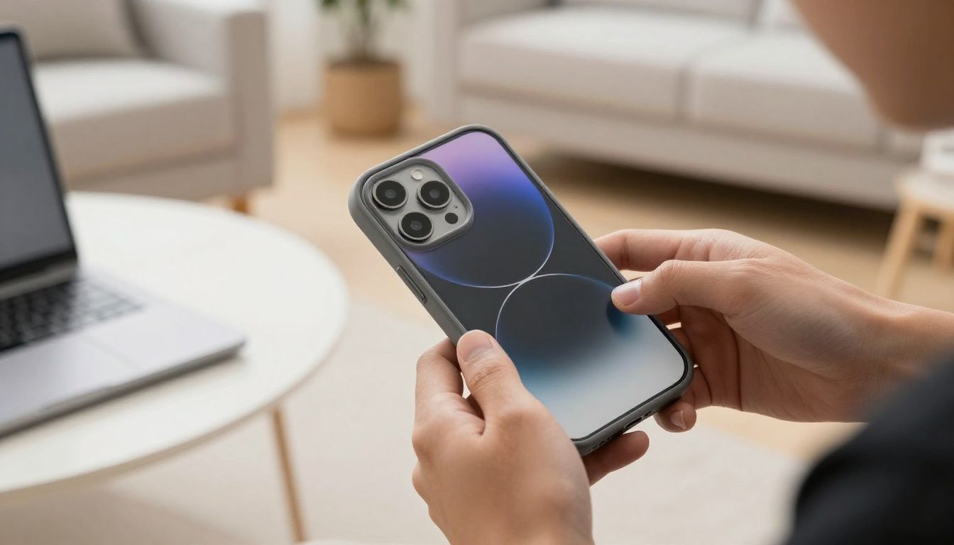 A person carefully putting a new protective case on their iPhone 17 Pro Max in a bright, modern living room setting.