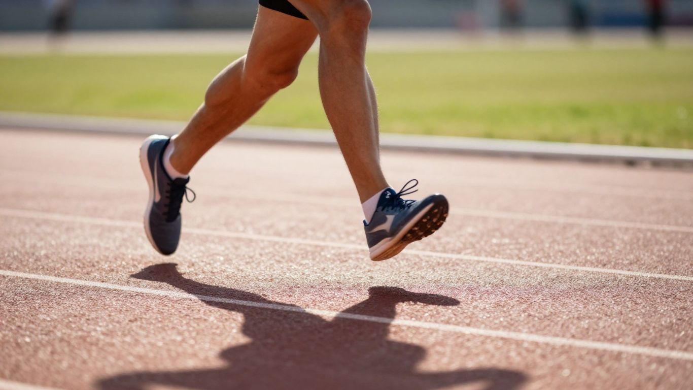 Runner's feet in motion on a track.