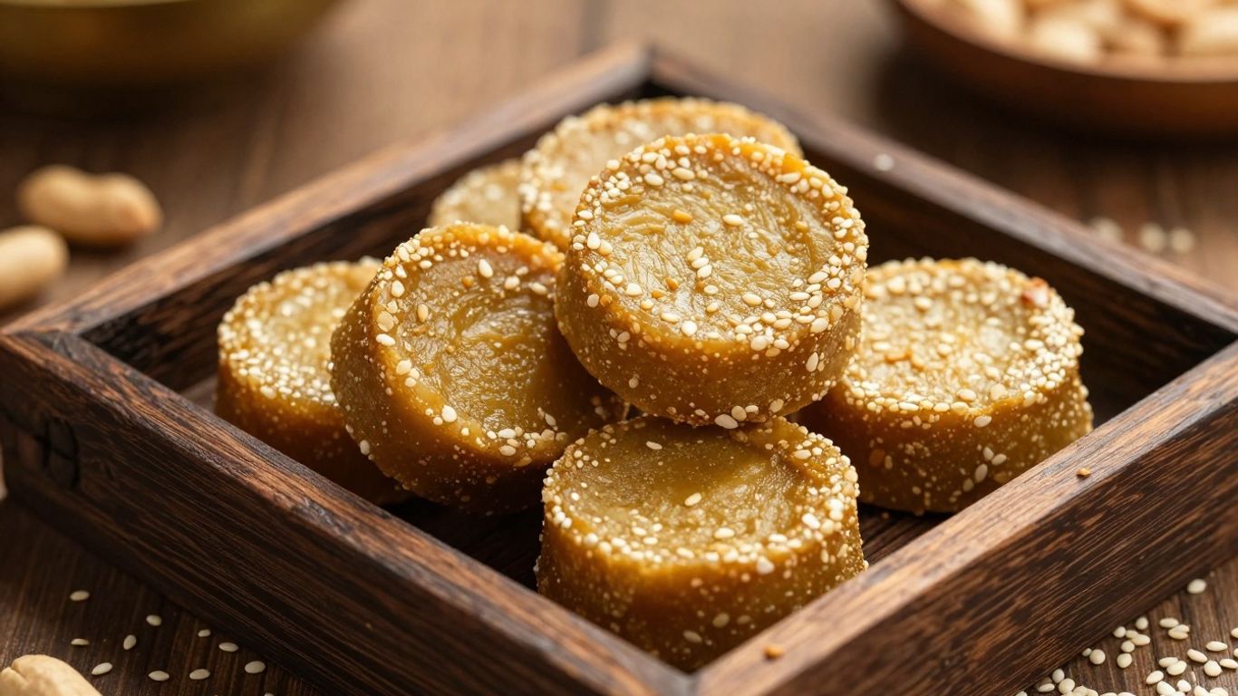 Stacked pieces of Indian gajak on wooden tray