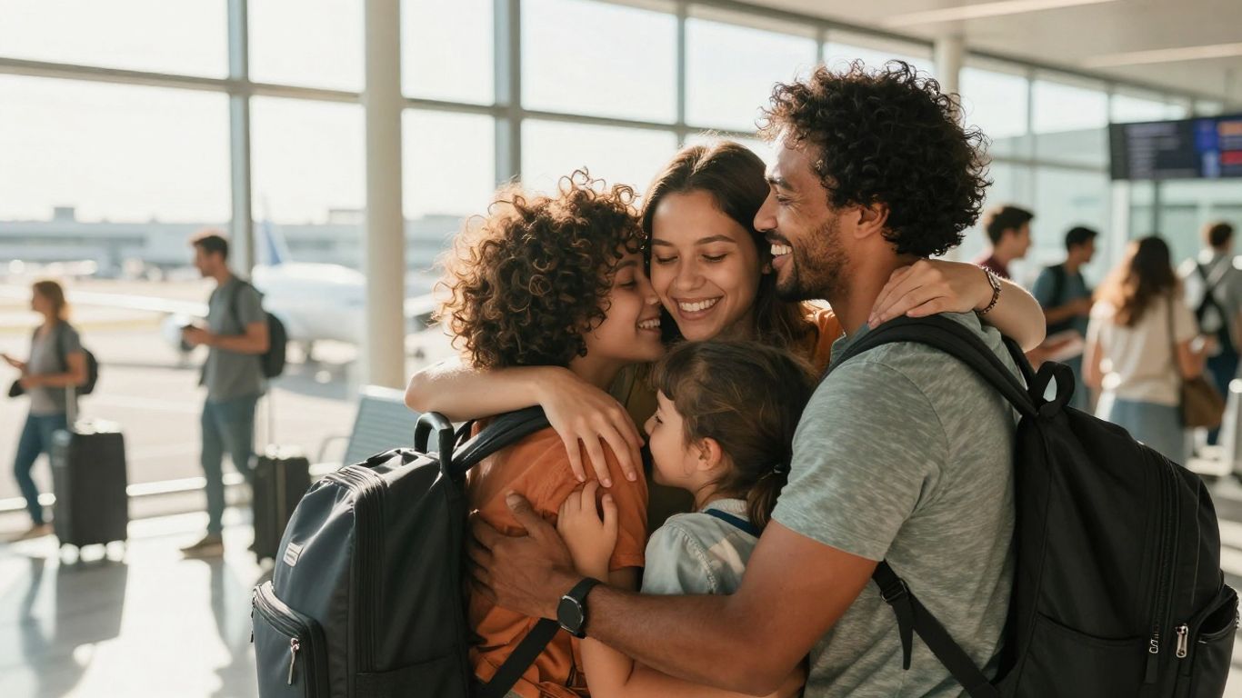 Family reuniting at airport arrival gate