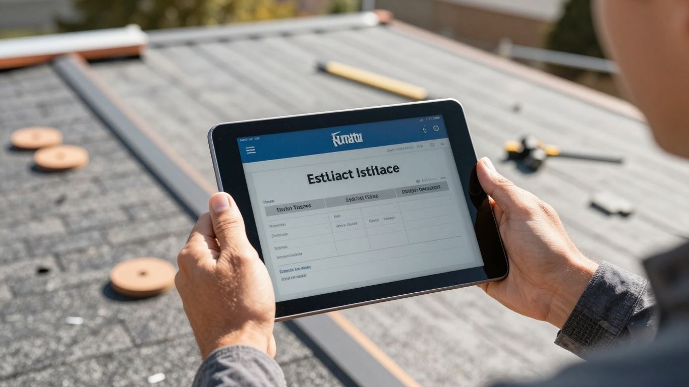 Contractor using tablet for roofing estimate on a roof.