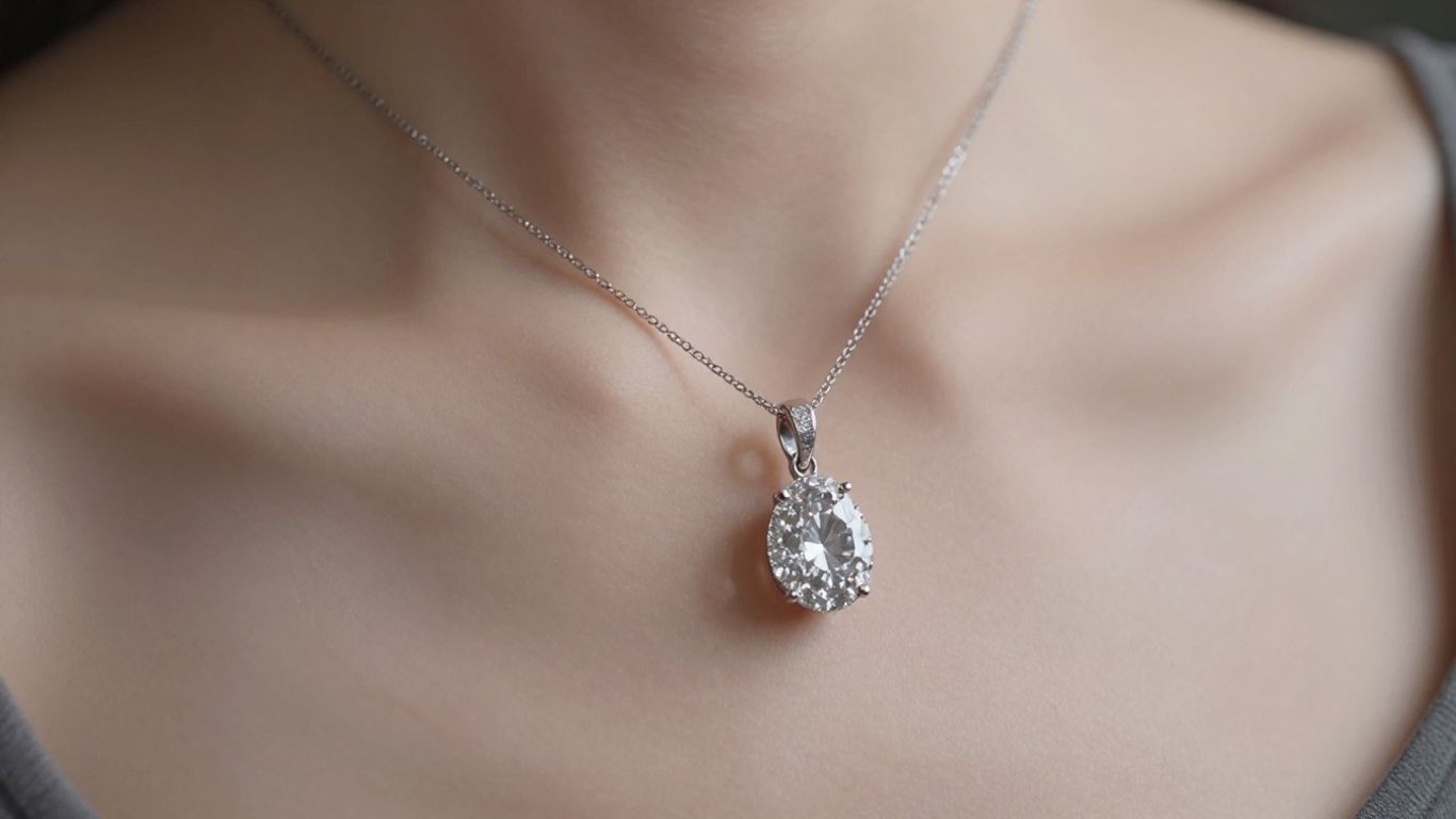 Woman wearing a sparkling diamond pendant necklace.