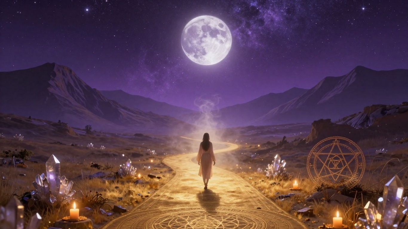 Chemin doré au clair de lune à travers un paysage cosmique indigo