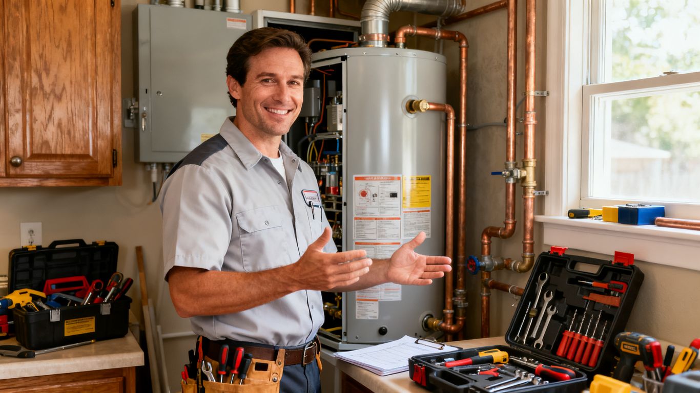 Plumber explaining repair costs beside equipment