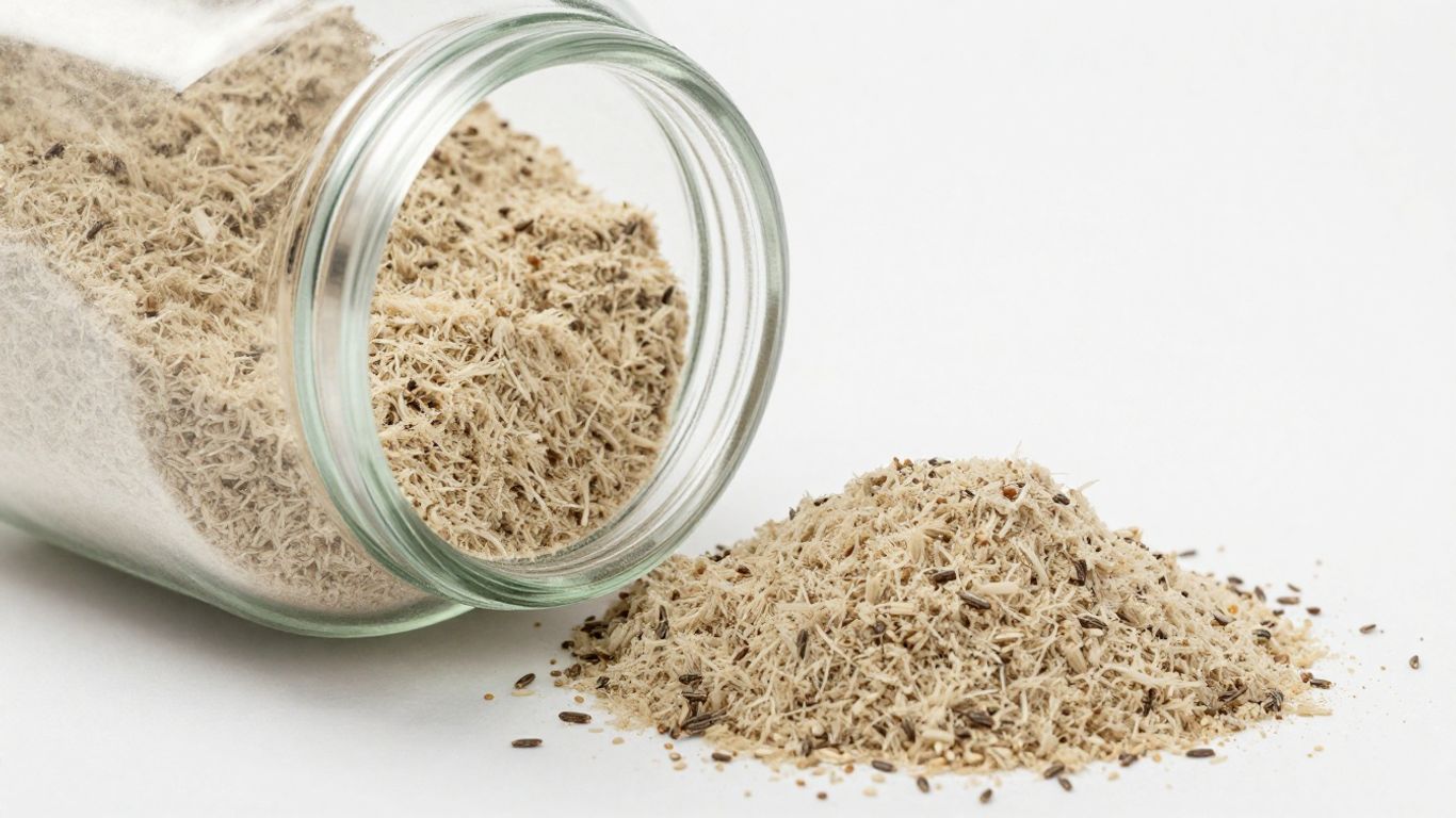 Psyllium husk powder in a jar with scattered seeds.
