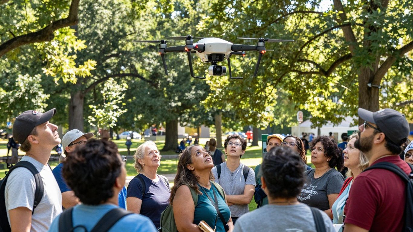 Police drone observing community members in a park.