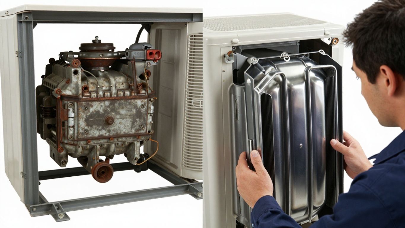 HVAC unit with broken and new parts