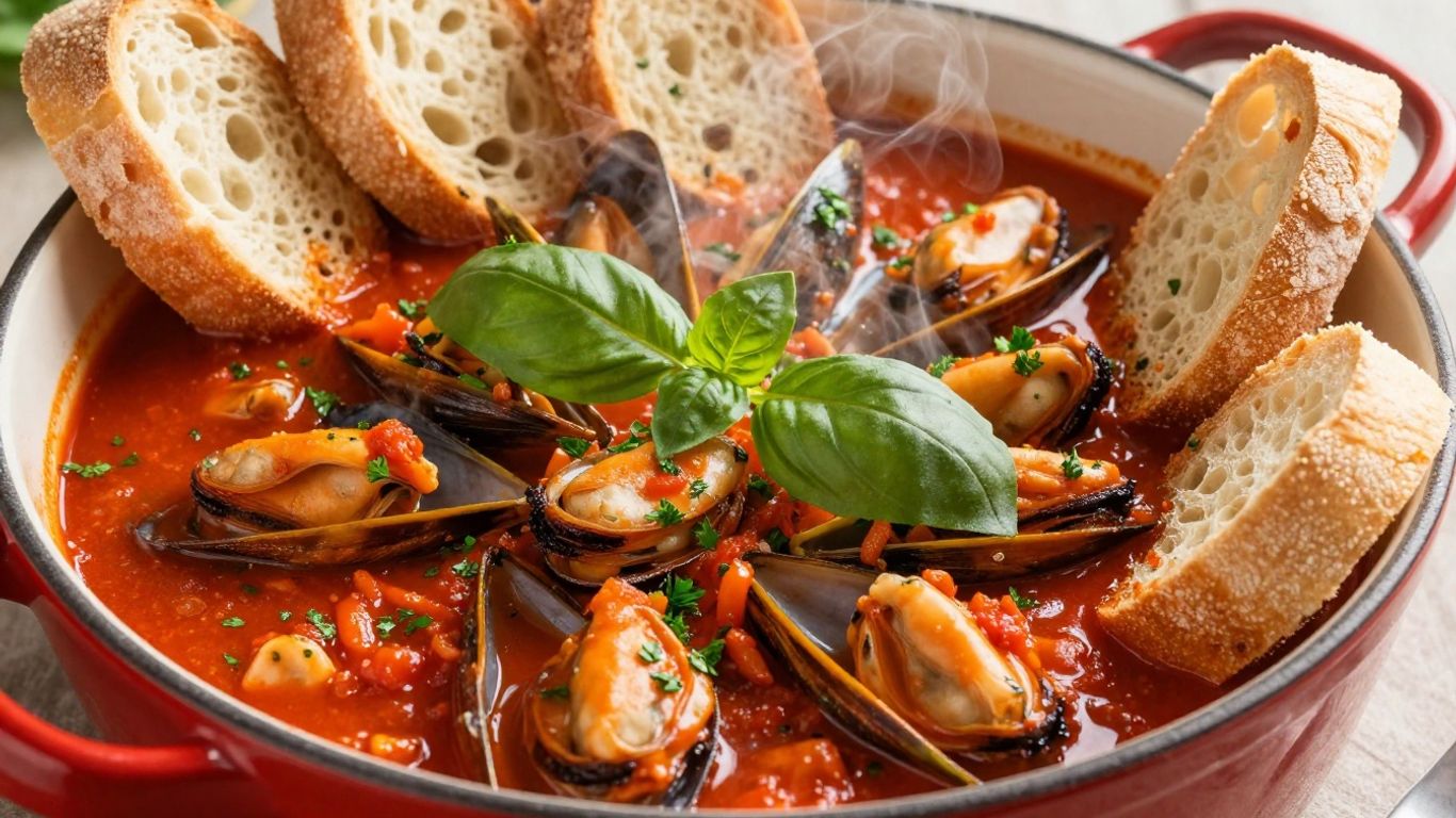 Steaming pot of mussels in marinara sauce with bread.
