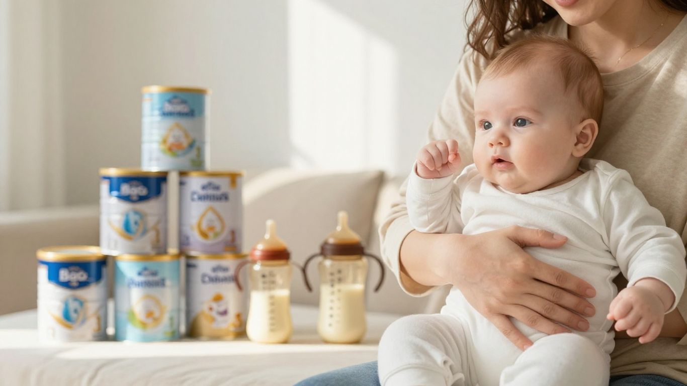 Padre alimentando a bebé con biberón y fórmula.