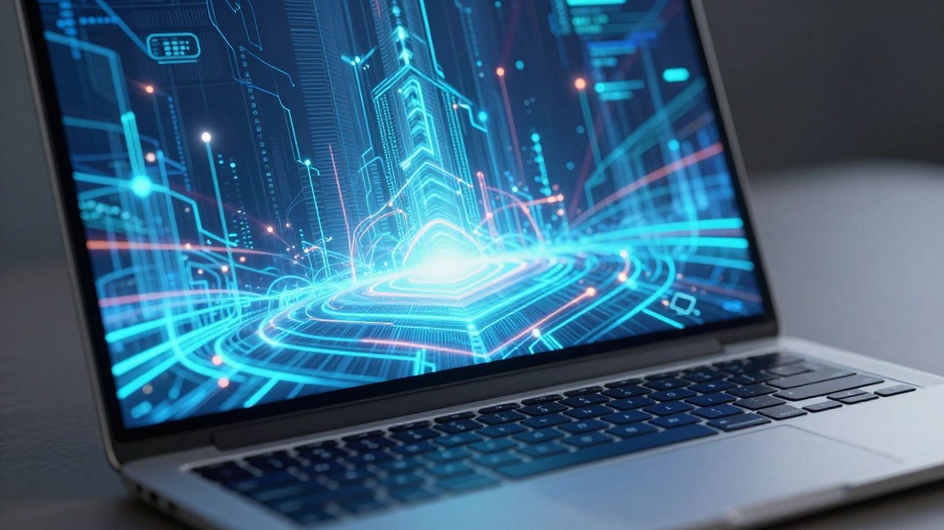 Modern laptop displaying abstract digital landscape with futuristic glow.
